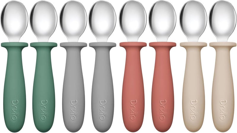 DRKIO 8 PCS Toddler Spoons Set - Baby Spoons with Silicone Handle Children safe 18/8 Stainless Steel Toddler Utensils Set for Self Feeding Kids Silverware Anti-Choke Design Food Grade Dishwasher Safe - Image 1